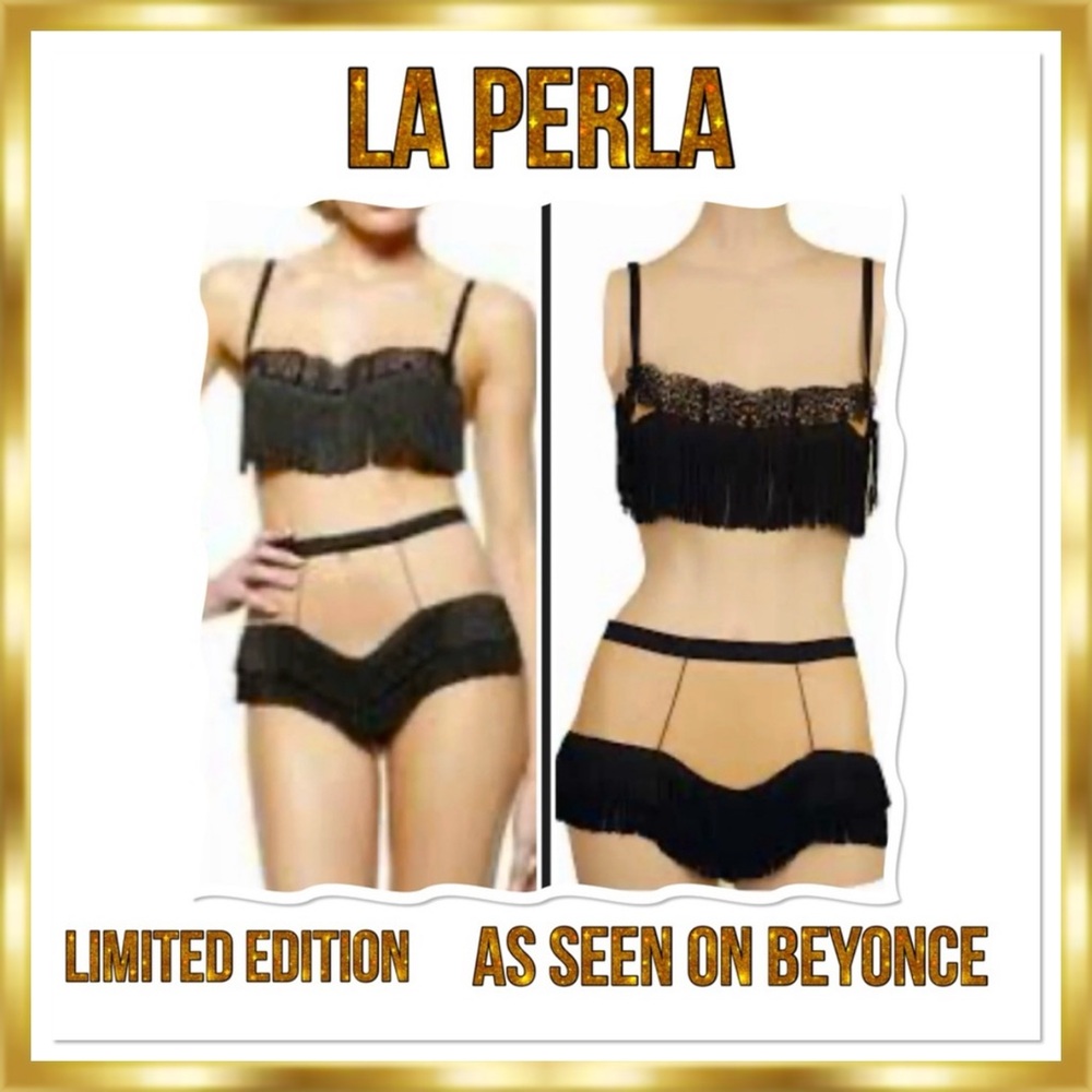 La Perla Fiebre De Amor Vintage RARE SET Balcony Black Fringe Bra(36B)& Panty(2)
